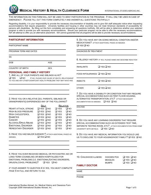 MEDICAL HISTORY & HEALTH CLEARANCE FORM - University ...