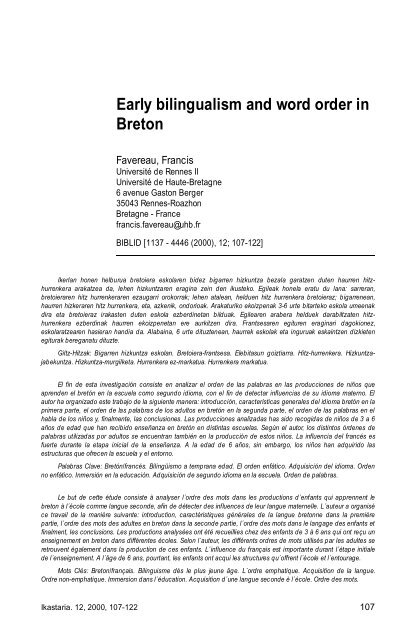 Early bilingualism and word order in Breton. IN: Kode bereizketa eta ...