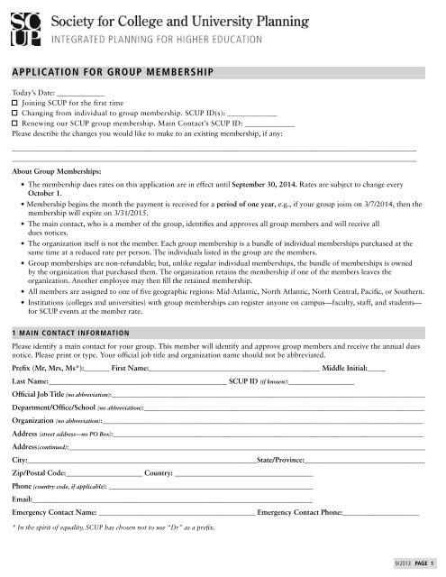 APPLICATION FOR GROUP MEMBERSHIP - Society for College ...