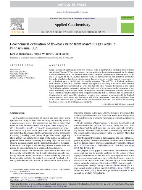 Geochemical evaluation of flowback brine from Marcellus gas wells ...