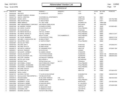 Crystal Reports - Abbreviated Vendor Master List - Norwescap