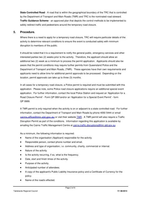 Temporary Road Closure Procedure - Tablelands Regional Council