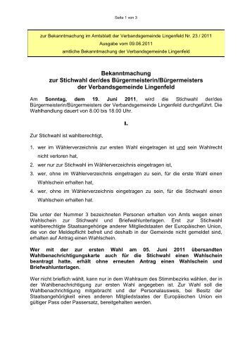 Wahlbekanntmachung - Stichwahl - Verbandsgemeinde Lingenfeld