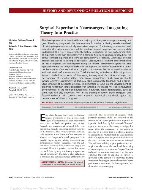 Surgical Expertise in Neurosurgery: Integrating Theory Into ... - CHUQ