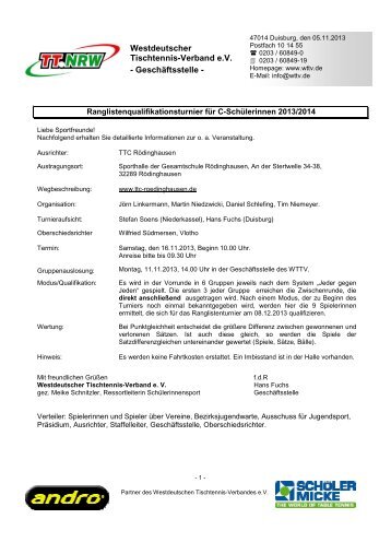 Westdeutscher Tischtennis-Verband e.V. - Geschäftsstelle -