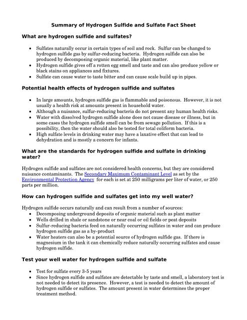 Summary of Hydrogen Sulfide and Sulfate Fact Sheet What are ...