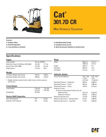 Small specalog for Cat 301.7D CR Mini Hydraulic Excavator ...