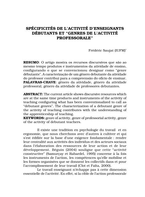 spécificités de l'activité d'enseignants débutants et “genres ... - UFMT