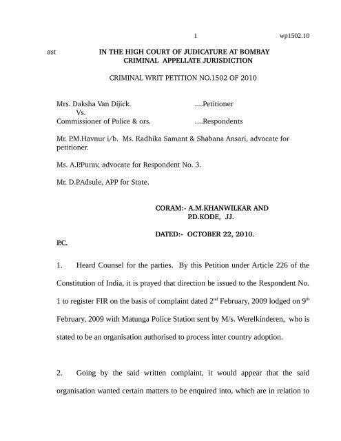 1. Heard Counsel for the parties. By this Petition under Article 226 of ...