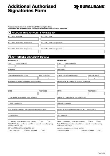 Additional Authorised Signatories Form - Rural Bank