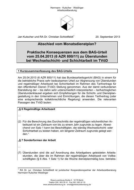 6 AZR 800/11 - Arbeitszeitberatung Dr. Hoff Weidinger Herrmann