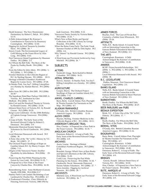 Index of Vol. 39 No. 1 to 39 No.4, 2006 - BC Historical Federation