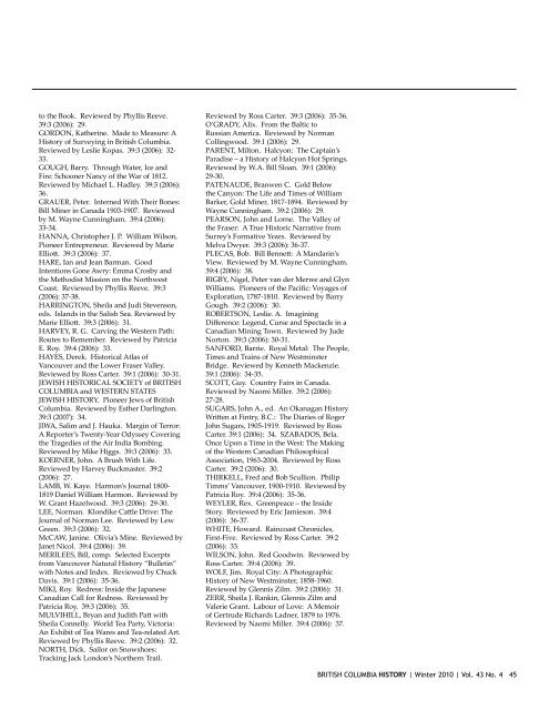 Index of Vol. 39 No. 1 to 39 No.4, 2006 - BC Historical Federation