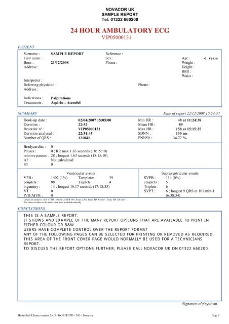 Sample Report - Holtersoft Ultima - Holter ECG - Novacor UK Ltd.