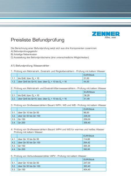 Preisliste Befundprüfung - Zenner