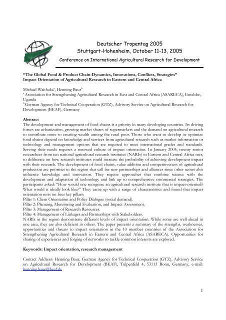 Impact Orientation of Agricultural Research in Eastern ... - Tropentag