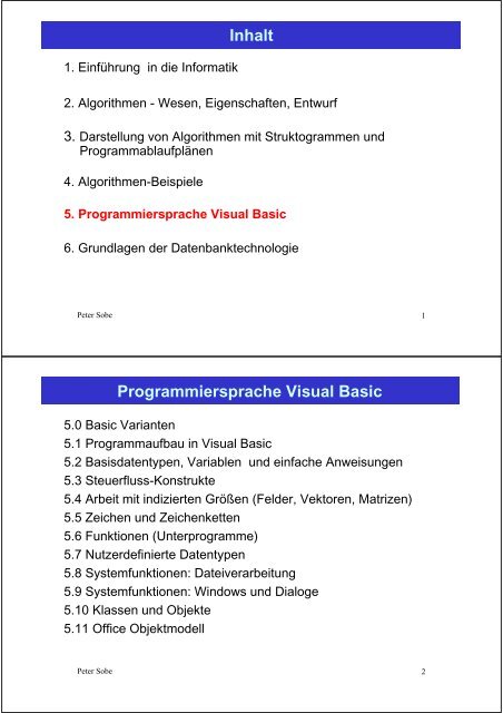 Inhalt Programmiersprache Visual Basic