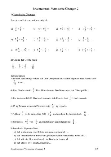 Bruchrechnen: Vermischte Übungen 2 - Uebungen-mathe.de