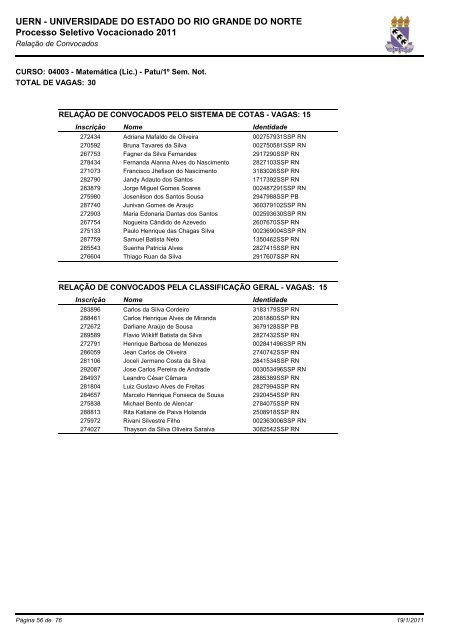 e a relação dos aprovados no PSV 2011 - UERN