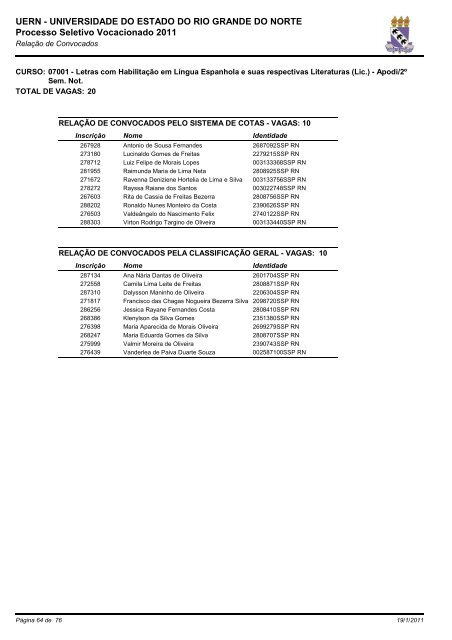 e a relação dos aprovados no PSV 2011 - UERN