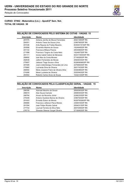 e a relação dos aprovados no PSV 2011 - UERN