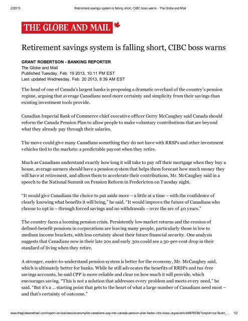 Retirement savings system is falling short, CIBC boss warns