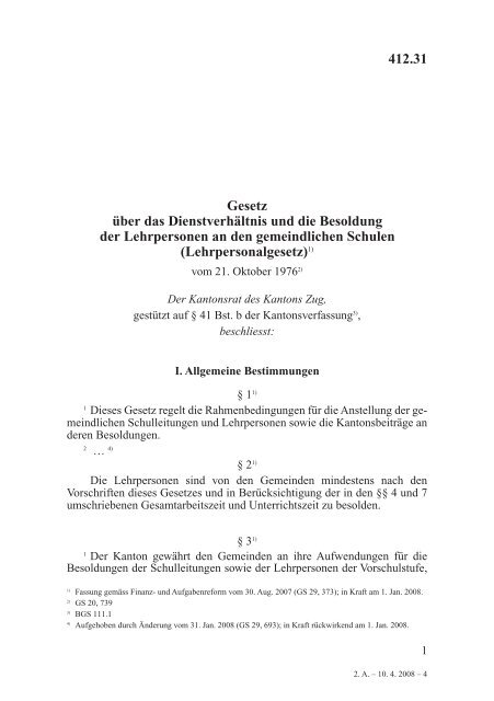 Lehrpersonalgesetz des Kantons Zug - Oberstufe Steinhausen