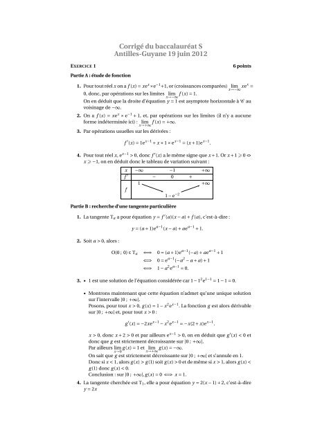 Corrigé du baccalauréat S Antilles-Guyane 19 juin 2012 - apmep