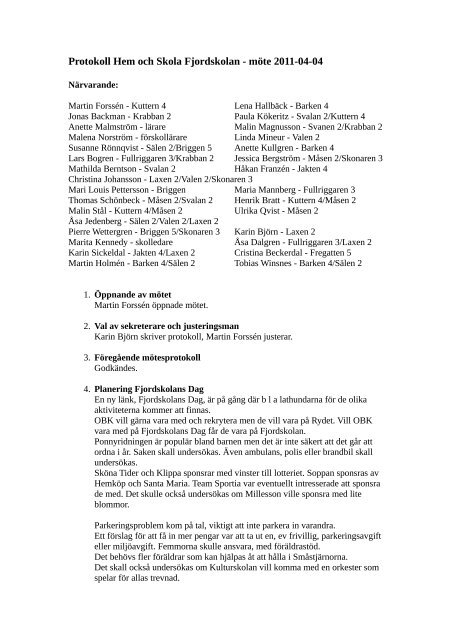 Protokoll Hem och Skola Fjordskolan - möte 2011-04-04