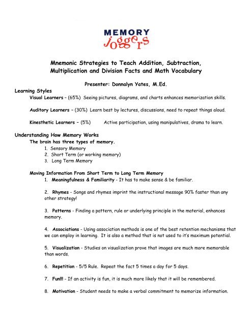 Mnemonic Strategies to Teach Addition, Subtraction, Multiplication ...