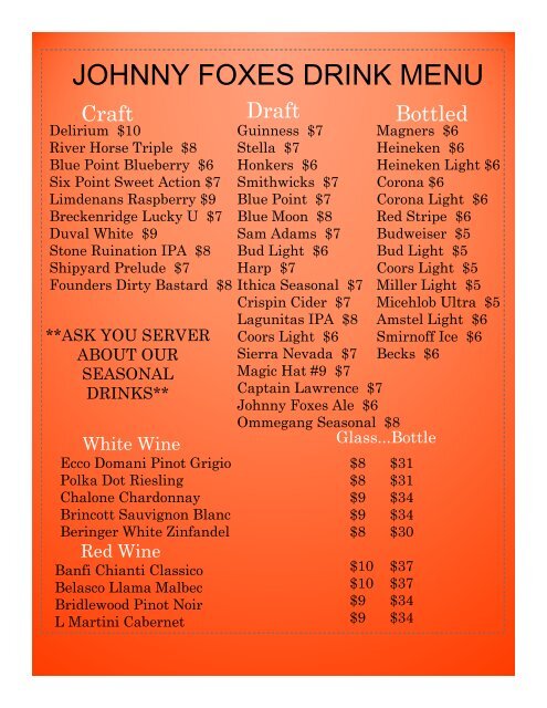 JOHNNY FOXES DRINK MENU