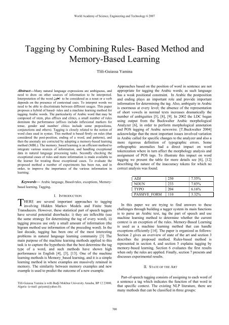 Based Method and Memory-Based Learning - World Academy of ...