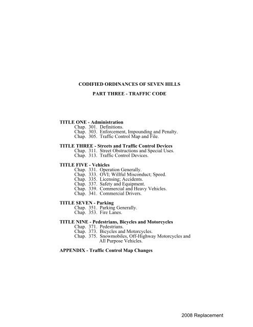 Codified Ordinances Of Seven Hills The City Ohio