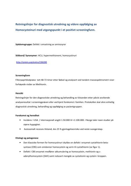 Homocystinuri - Oslo universitetssykehus