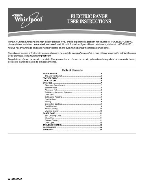 ELECTRIC RANGE USER INSTRUCTIONS - Whirlpool