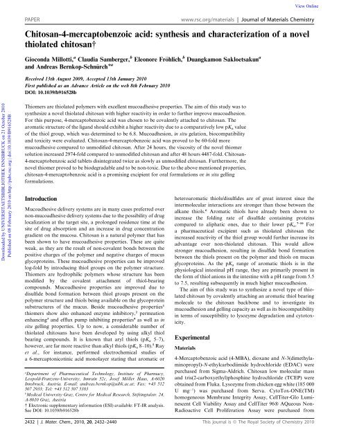 Chitosan-4-mercaptobenzoic acid: synthesis and characterization of ...