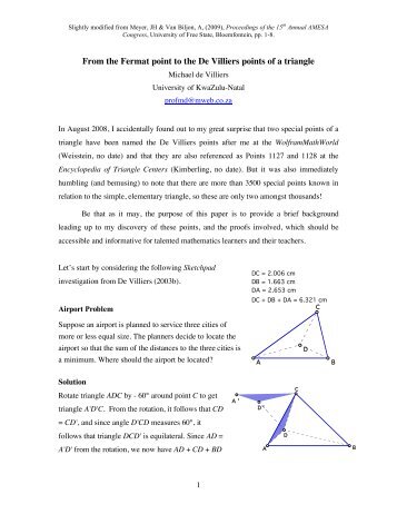 From the Fermat point to the De Villiers points of a triangle