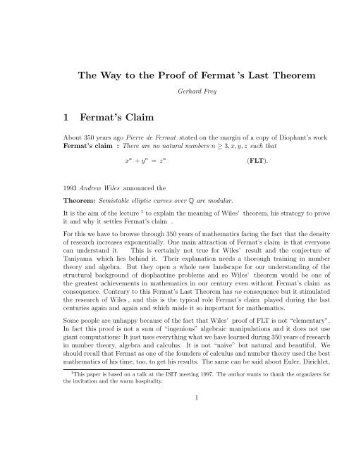 The Way to the Proof of Fermat's Last Theorem 1 ... - CiteSeerX