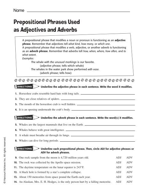 prepositional phrases used as adjectives and adverbs