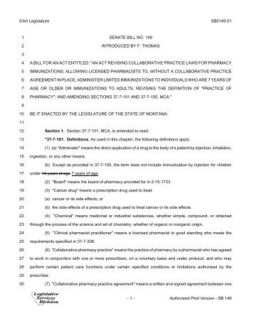 63rd Legislature SB0149.01 SENATE BILL NO. 149 1 ...