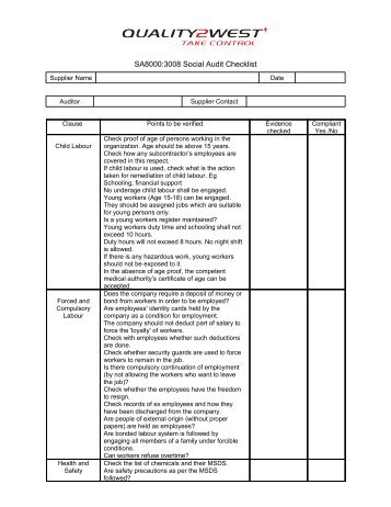 SA8000:3008 Social Audit Checklist - Quality 2 West