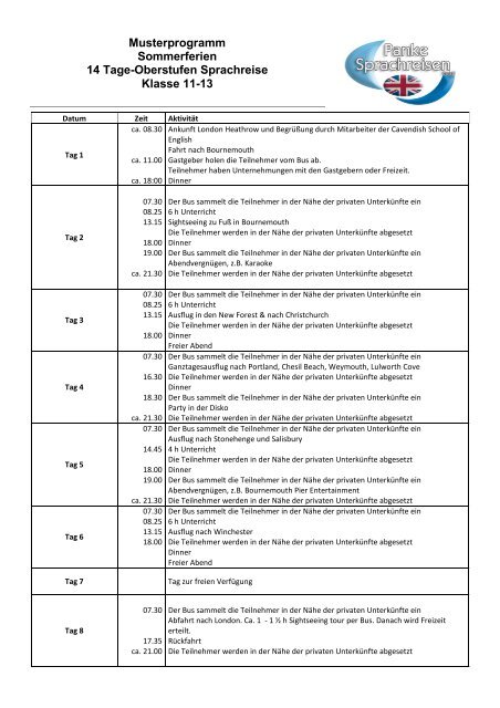 Musterprogramm Panke Sprachreisen Gmbh