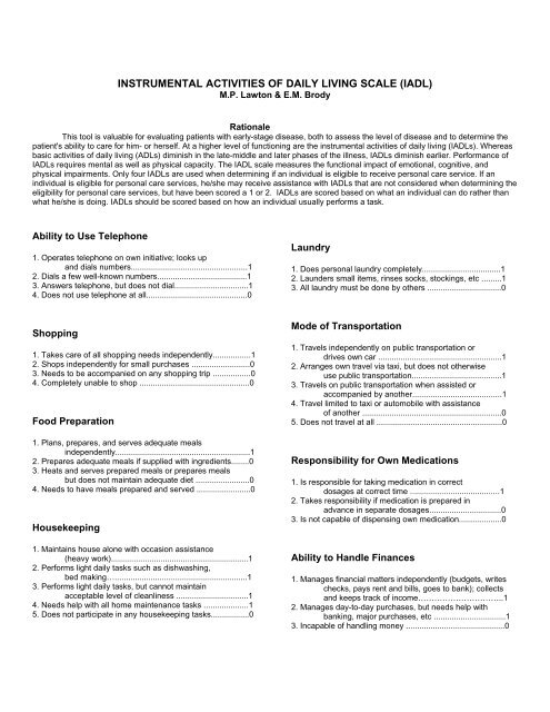 instrumental activities of daily living scale (iadl) - Internet Stroke  Center