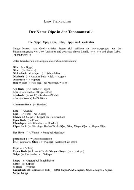 Der Name Olpe in der Toponomastik - Lino Franceschini