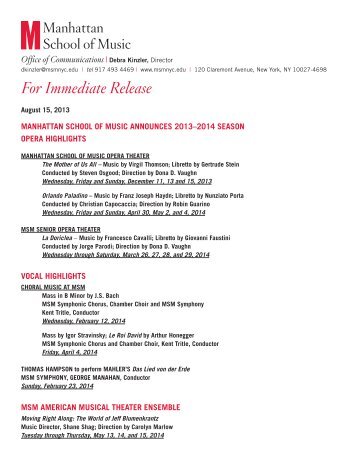 Full press release - Manhattan School of Music
