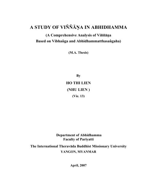 A STUDY OF VIŅŅĀṆA IN ABHIDHAMMA - Kinh Tang