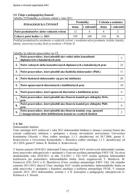 Správa o činnosti organizácie SAV za rok 2011 - Ústav etnológie SAV