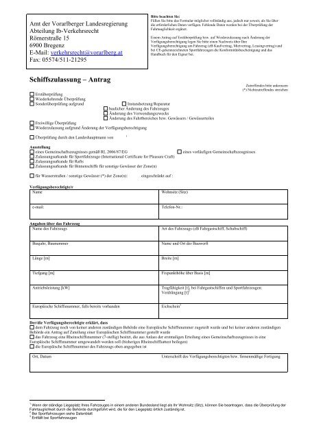 Schiffszulassung – Antrag - Vorarlberg