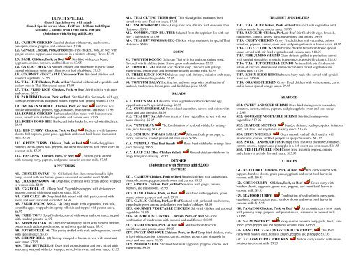 Thai on sale hut menu