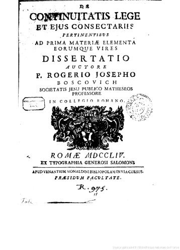 Bošković, Ruđer Josip (1711-1787). De continuitatis lege ... - Libr@rsi